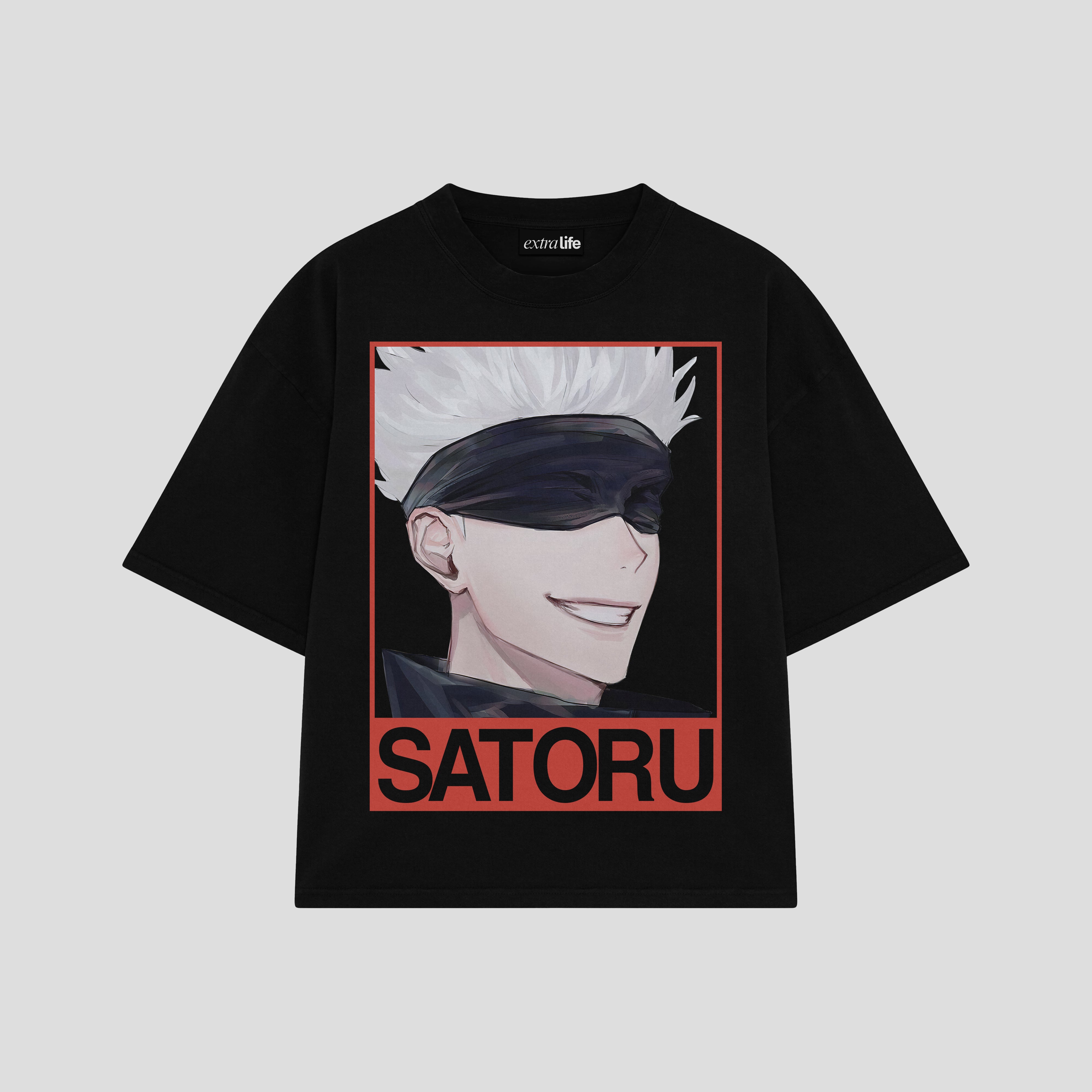 Playera streetwear premium de anime y gaming ExtraLife MX, corte boxy oversized drop shoulder heavyweight en color Deep Black y Off-White, moda urbana mexicana de culto.