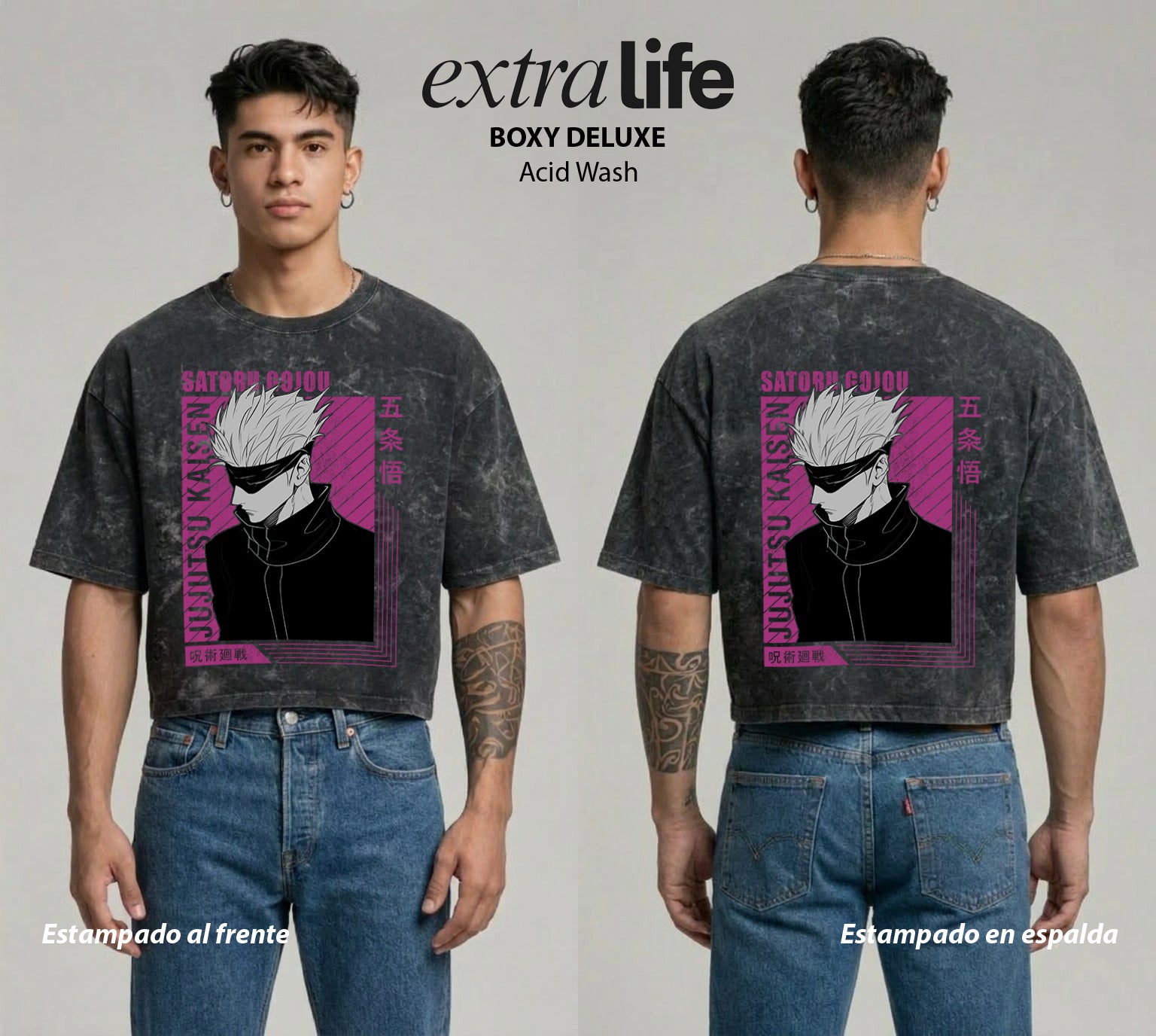 Playera streetwear premium de anime y gaming ExtraLife MX, corte boxy deluxe mineral wash heavyweight en color Acid Wash, moda urbana mexicana de culto.