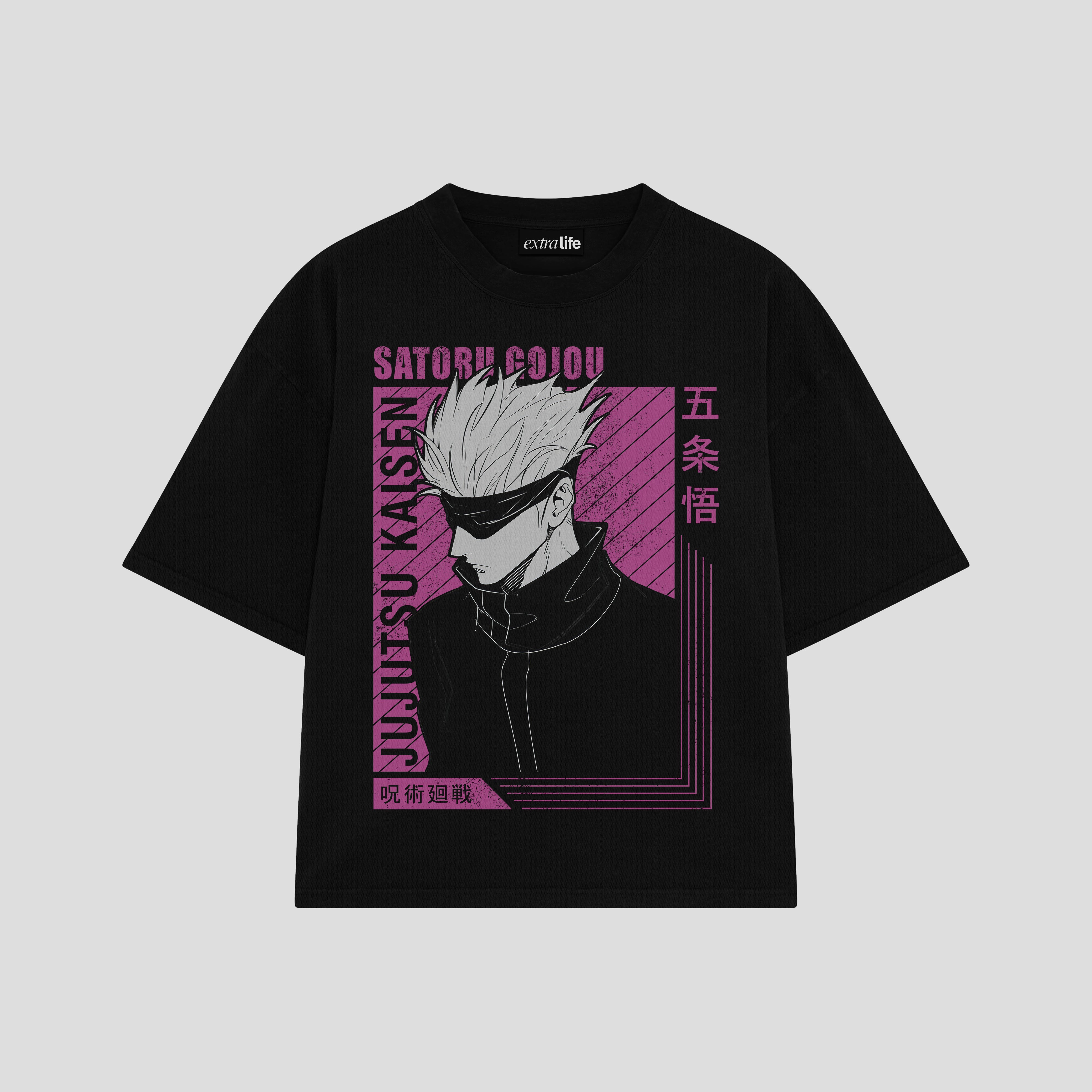 Playera streetwear premium de anime y gaming ExtraLife MX, corte boxy oversized drop shoulder heavyweight en color Deep Black y Off-White, moda urbana mexicana de culto.