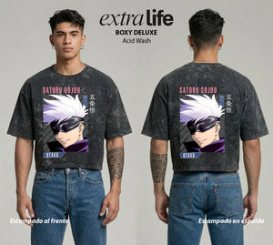 Playera streetwear premium de anime y gaming ExtraLife MX, corte boxy deluxe mineral wash heavyweight en color Acid Wash, moda urbana mexicana de culto.
