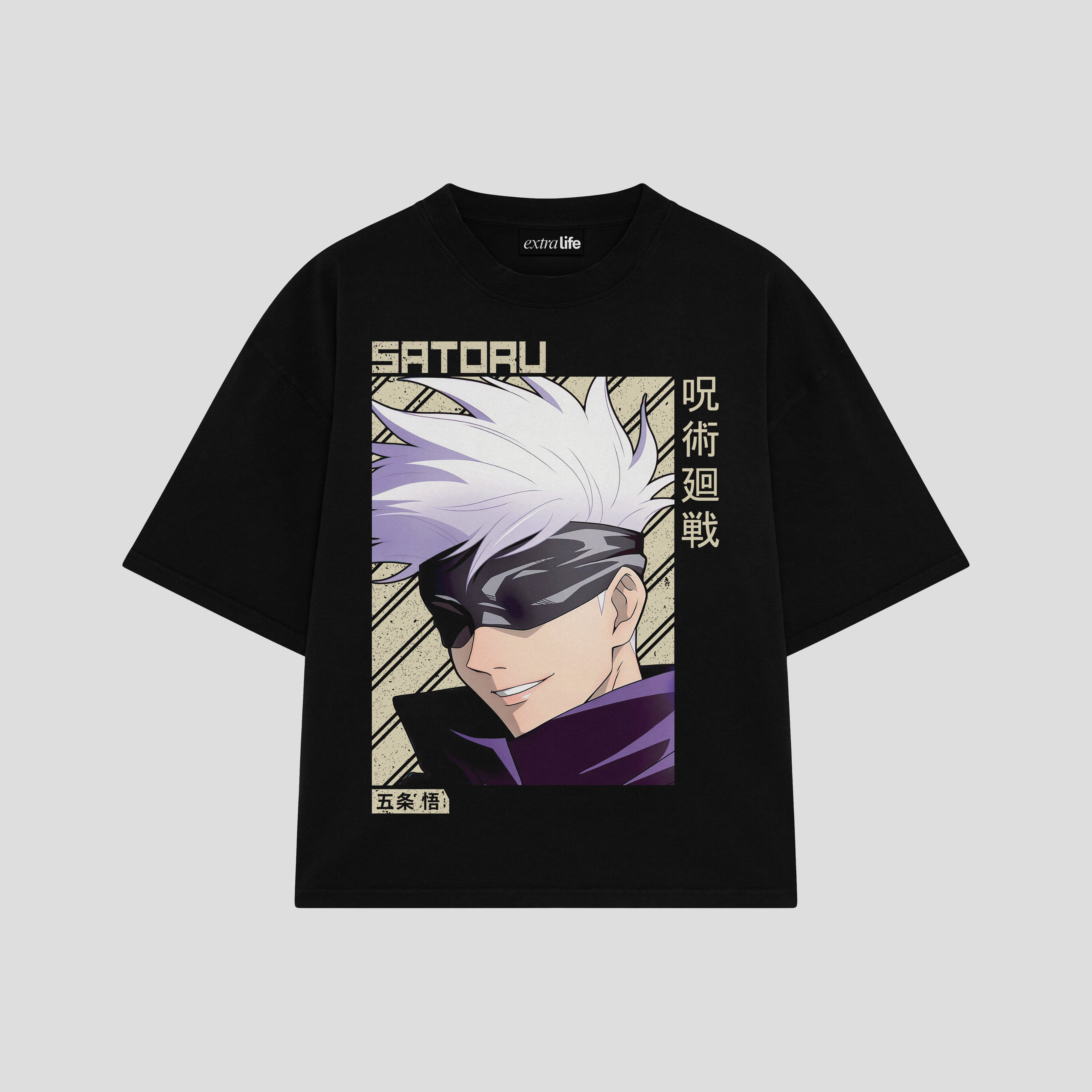 Playera streetwear premium de anime y gaming ExtraLife MX, corte boxy oversized drop shoulder heavyweight en color Deep Black y Off-White, moda urbana mexicana de culto.