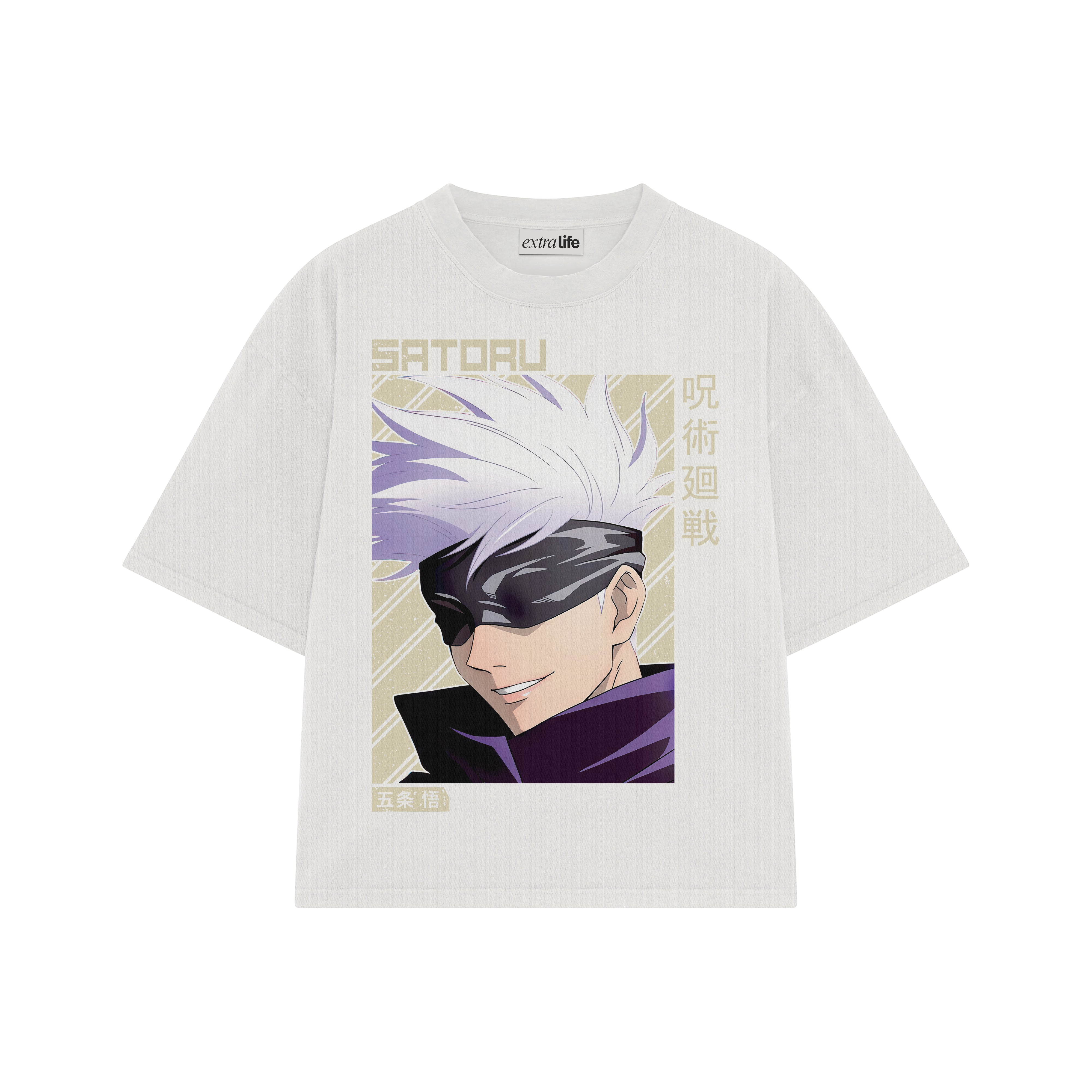 Playera streetwear premium de anime y gaming ExtraLife MX, corte boxy oversized drop shoulder heavyweight en color Deep Black y Off-White, moda urbana mexicana de culto.