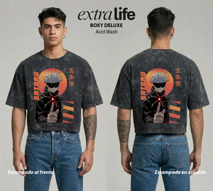 Playera streetwear premium de anime y gaming ExtraLife MX, corte boxy deluxe mineral wash heavyweight en color Acid Wash, moda urbana mexicana de culto.