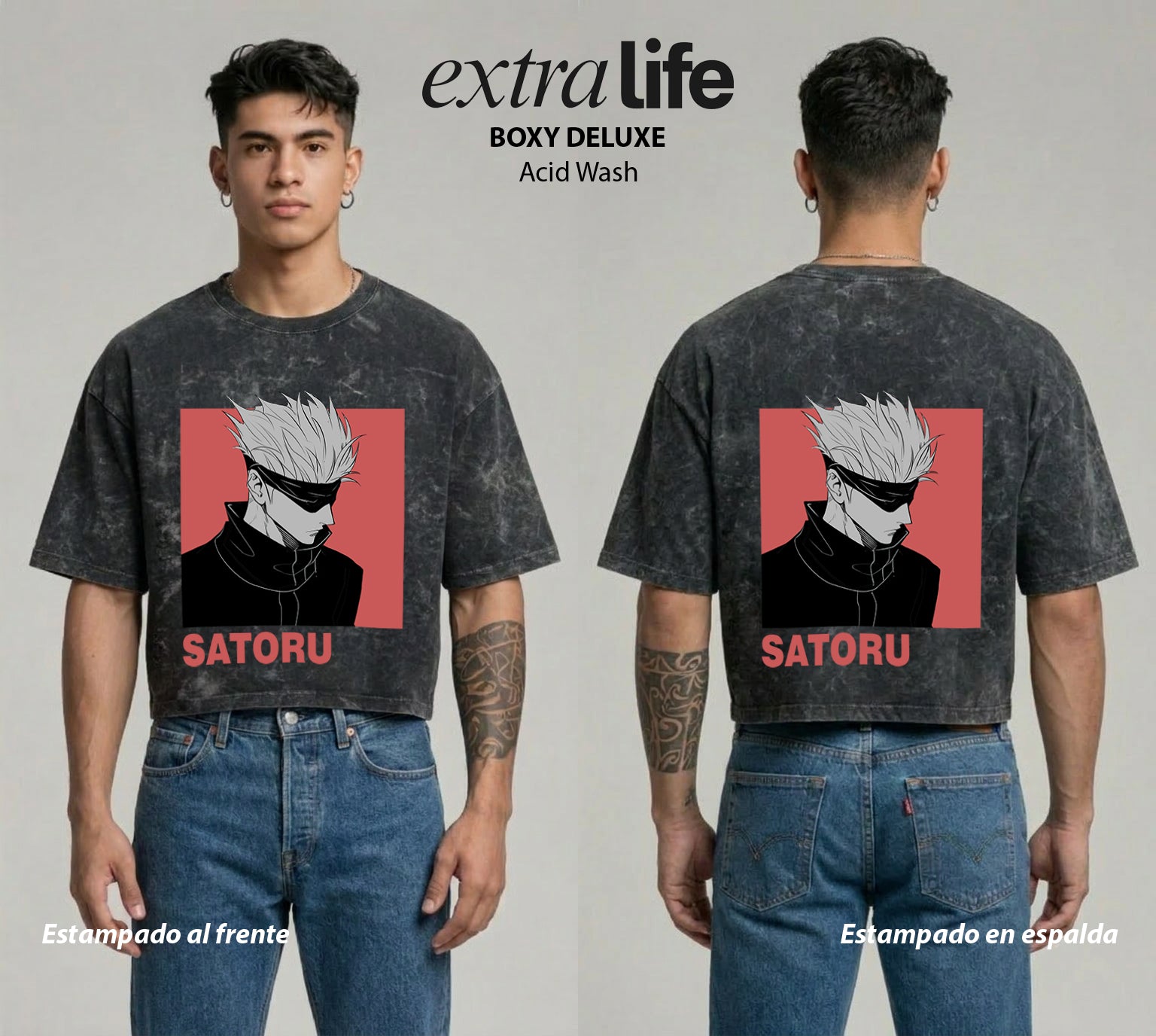 Playera streetwear premium de anime y gaming ExtraLife MX, corte boxy deluxe mineral wash heavyweight en color Acid Wash, moda urbana mexicana de culto.