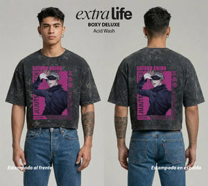 Playera streetwear premium de anime y gaming ExtraLife MX, corte boxy deluxe mineral wash heavyweight en color Acid Wash, moda urbana mexicana de culto.