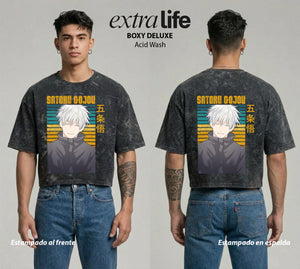 Playera streetwear premium de anime y gaming ExtraLife MX, corte boxy deluxe mineral wash heavyweight en color Acid Wash, moda urbana mexicana de culto.