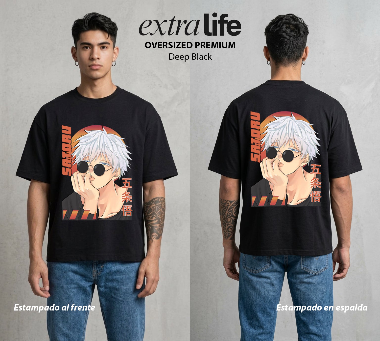 El Arte de las Maldiciones | Los Seis Ojos del Maestro #03930 - Playera Oversized Premium | Deep Black - Foto en modelo