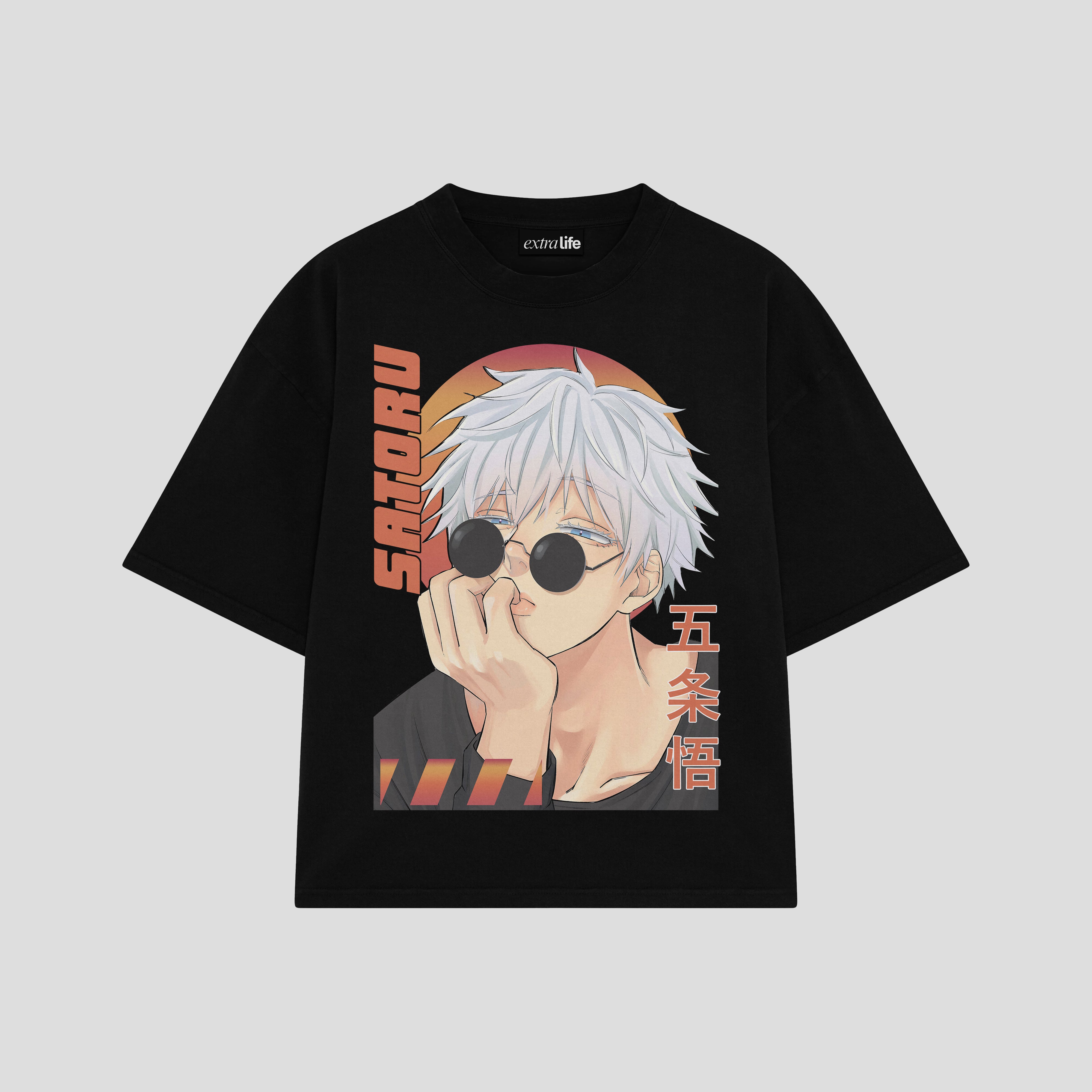 Playera streetwear premium de anime y gaming ExtraLife MX, corte boxy oversized drop shoulder heavyweight en color Deep Black y Off-White, moda urbana mexicana de culto.