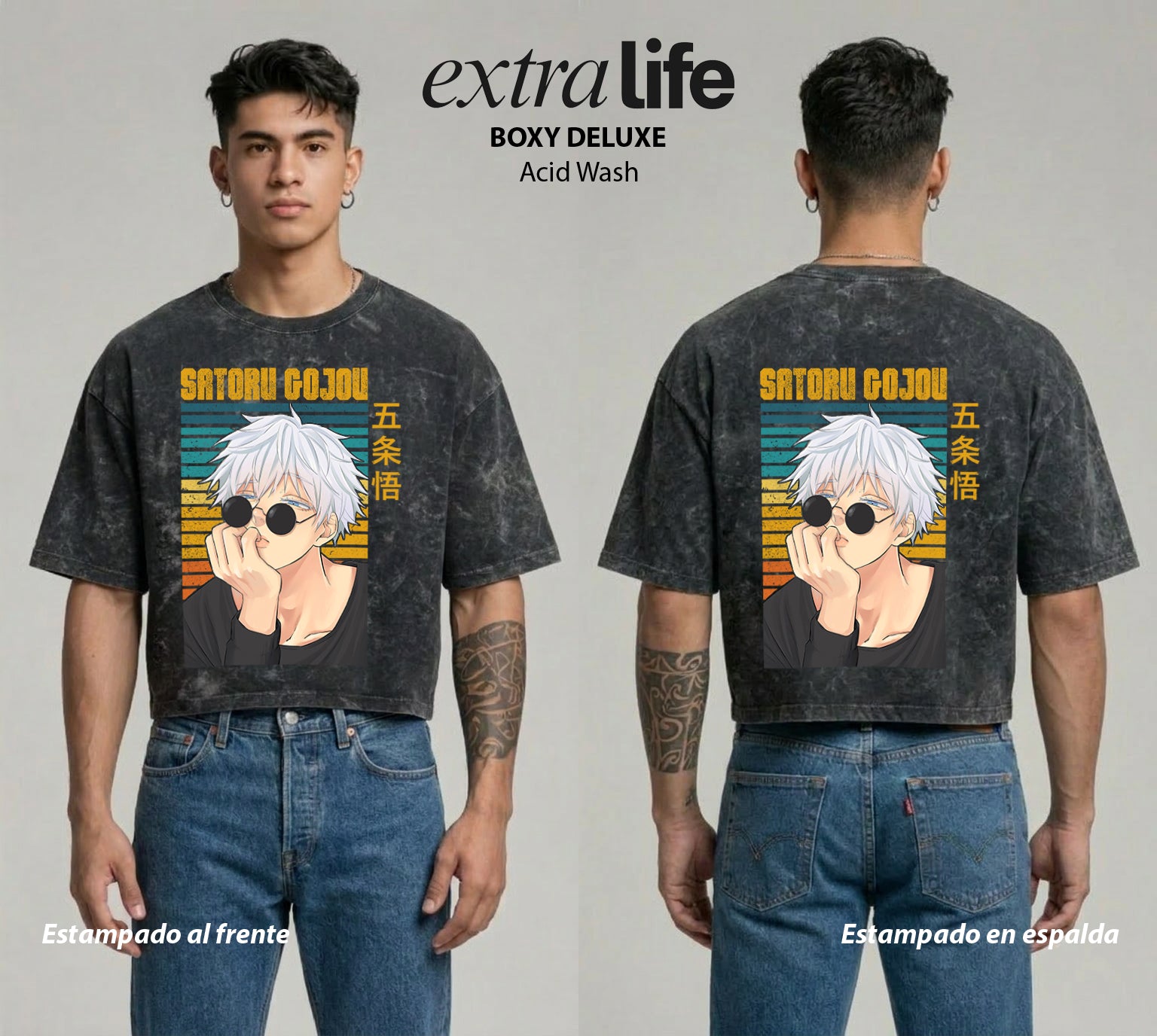 Playera streetwear premium de anime y gaming ExtraLife MX, corte boxy deluxe mineral wash heavyweight en color Acid Wash, moda urbana mexicana de culto.