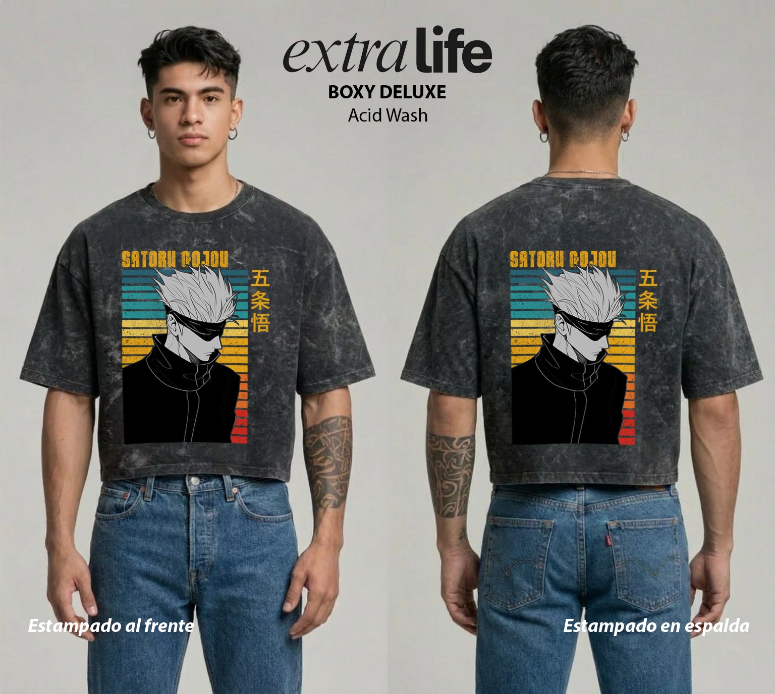 Playera streetwear premium de anime y gaming ExtraLife MX, corte boxy deluxe mineral wash heavyweight en color Acid Wash, moda urbana mexicana de culto.