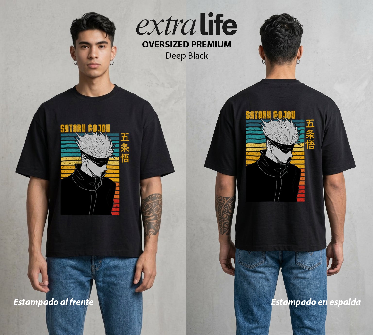 El Arte de las Maldiciones | Los Seis Ojos del Maestro #03932 - Playera Oversized Premium | Deep Black - Foto en modelo
