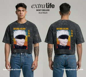 Playera streetwear premium de anime y gaming ExtraLife MX, corte boxy deluxe mineral wash heavyweight en color Acid Wash, moda urbana mexicana de culto.