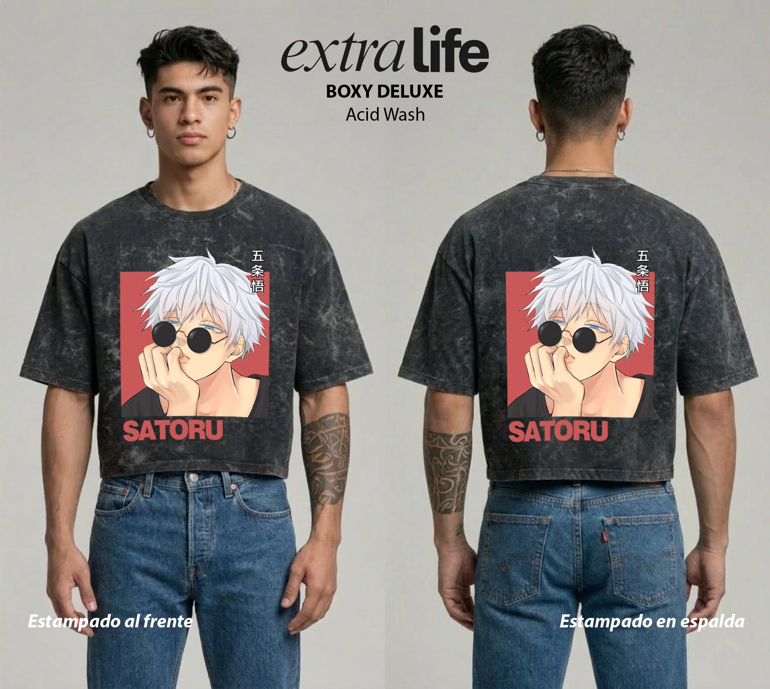 Playera streetwear premium de anime y gaming ExtraLife MX, corte boxy deluxe mineral wash heavyweight en color Acid Wash, moda urbana mexicana de culto.