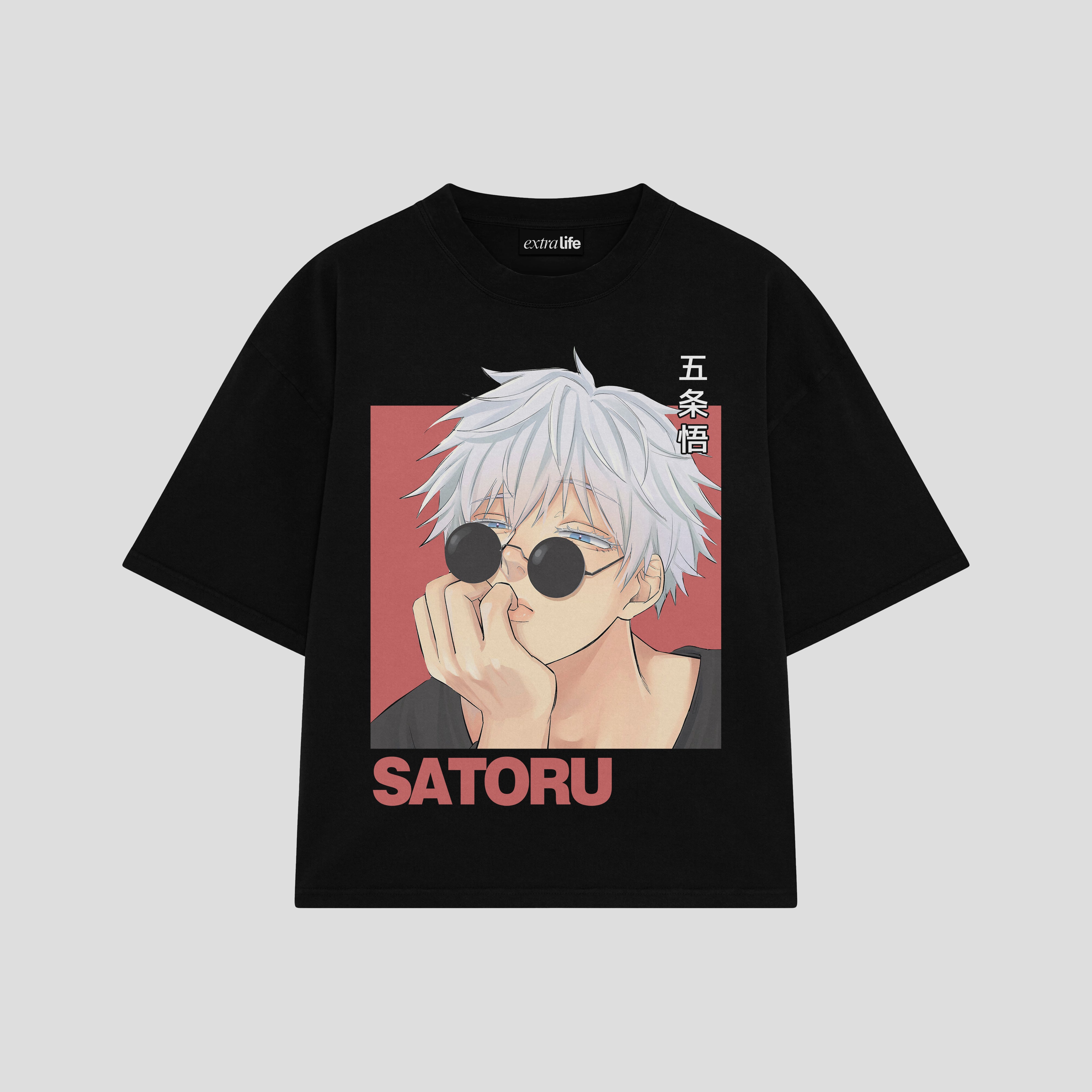 Playera streetwear premium de anime y gaming ExtraLife MX, corte boxy oversized drop shoulder heavyweight en color Deep Black y Off-White, moda urbana mexicana de culto.