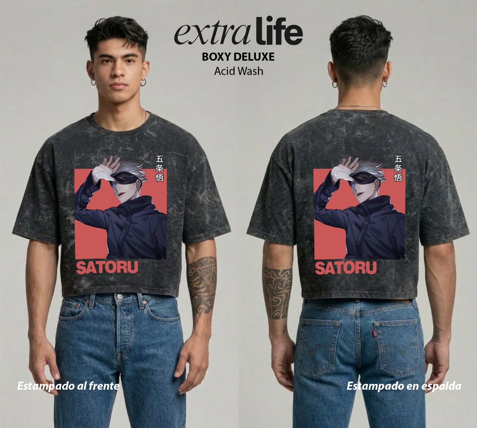 Playera streetwear premium de anime y gaming ExtraLife MX, corte boxy deluxe mineral wash heavyweight en color Acid Wash, moda urbana mexicana de culto.