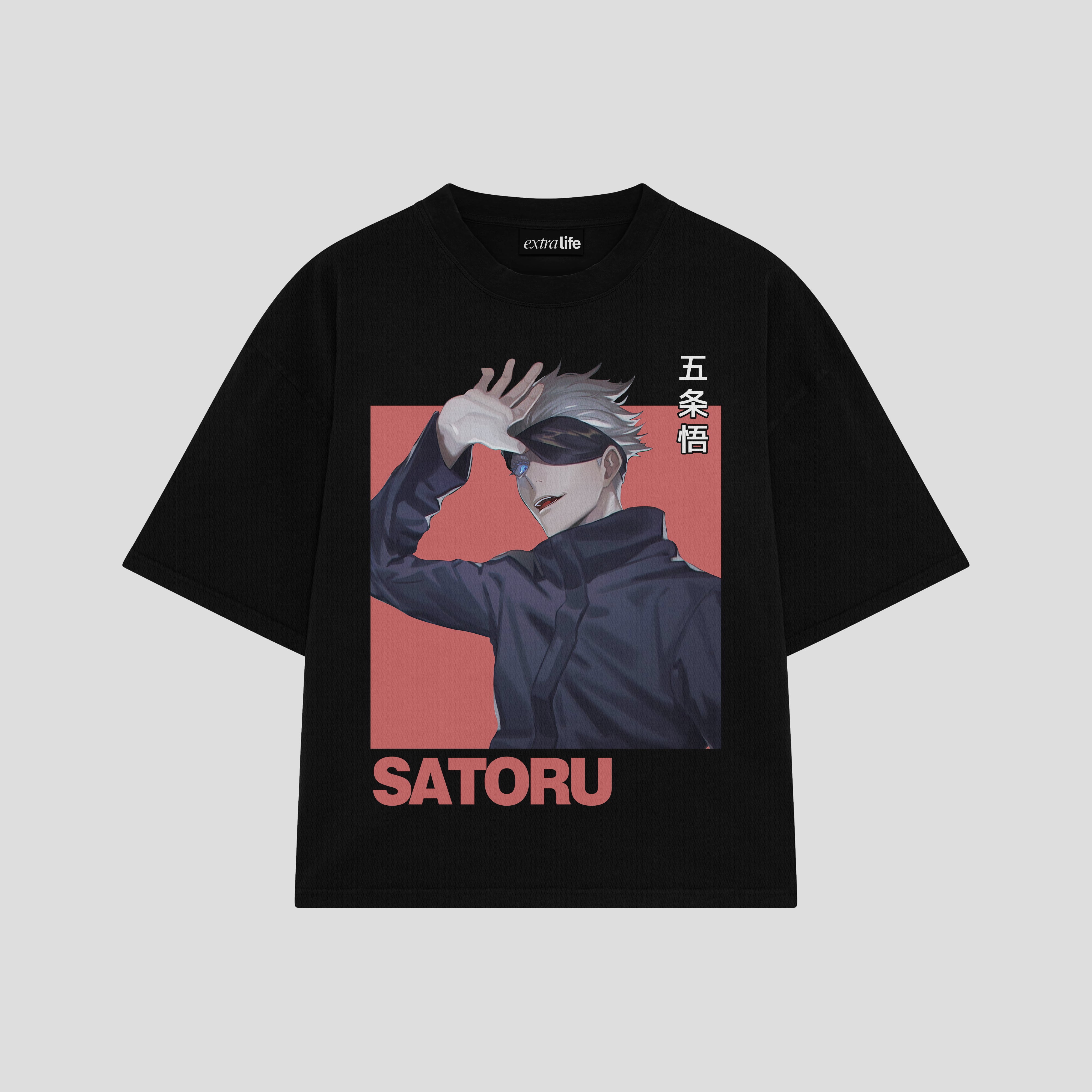 Playera streetwear premium de anime y gaming ExtraLife MX, corte boxy oversized drop shoulder heavyweight en color Deep Black y Off-White, moda urbana mexicana de culto.