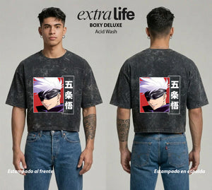Playera streetwear premium de anime y gaming ExtraLife MX, corte boxy deluxe mineral wash heavyweight en color Acid Wash, moda urbana mexicana de culto.