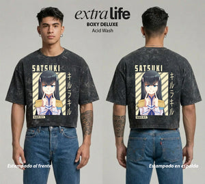 Playera streetwear premium de anime y gaming ExtraLife MX, corte boxy deluxe mineral wash heavyweight en color Acid Wash, moda urbana mexicana de culto.