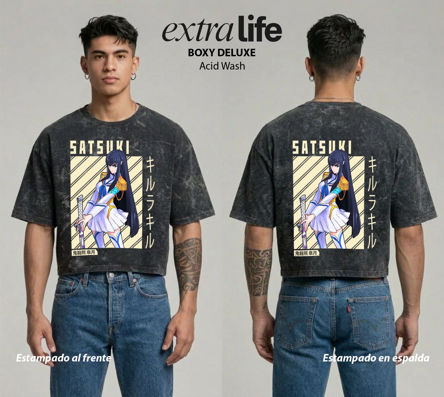 Playera streetwear premium de anime y gaming ExtraLife MX, corte boxy deluxe mineral wash heavyweight en color Acid Wash, moda urbana mexicana de culto.