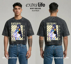 Playera streetwear premium de anime y gaming ExtraLife MX, corte boxy deluxe mineral wash heavyweight en color Acid Wash, moda urbana mexicana de culto.