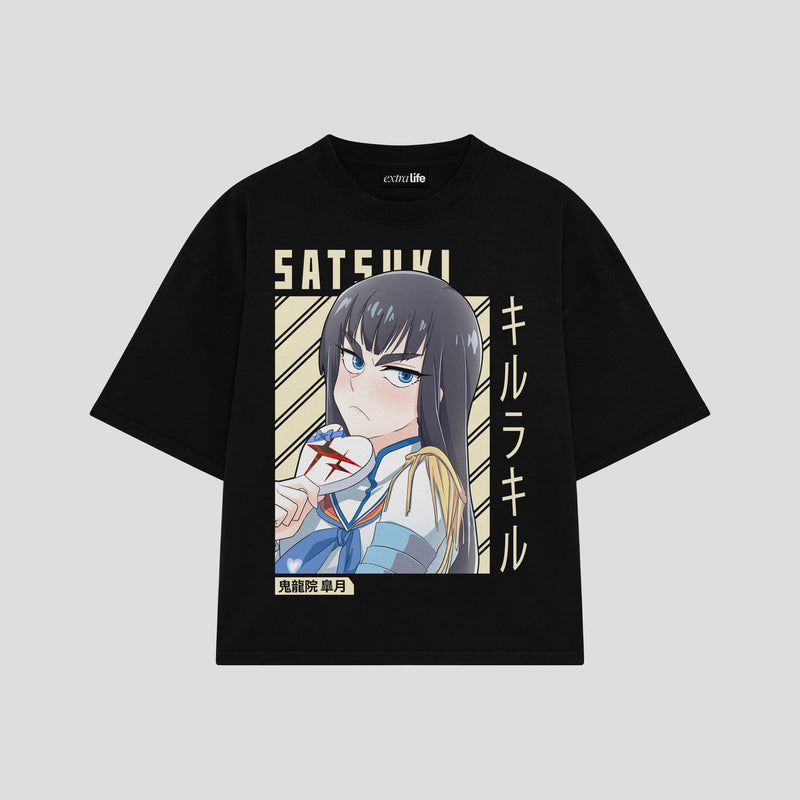 Playera streetwear premium de anime y gaming ExtraLife MX, corte boxy oversized drop shoulder heavyweight en color Deep Black y Off-White, moda urbana mexicana de culto.