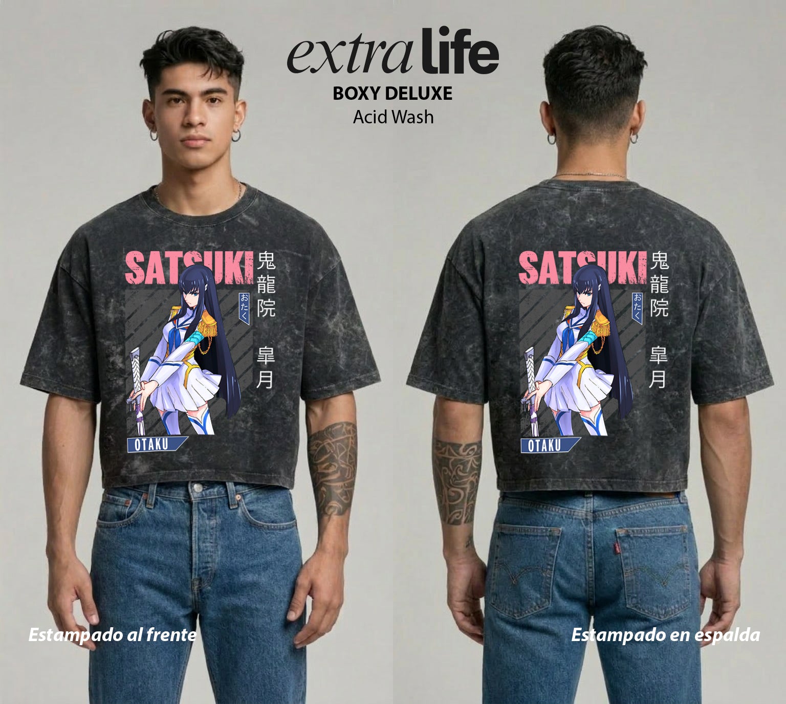 Playera streetwear premium de anime y gaming ExtraLife MX, corte boxy deluxe mineral wash heavyweight en color Acid Wash, moda urbana mexicana de culto.