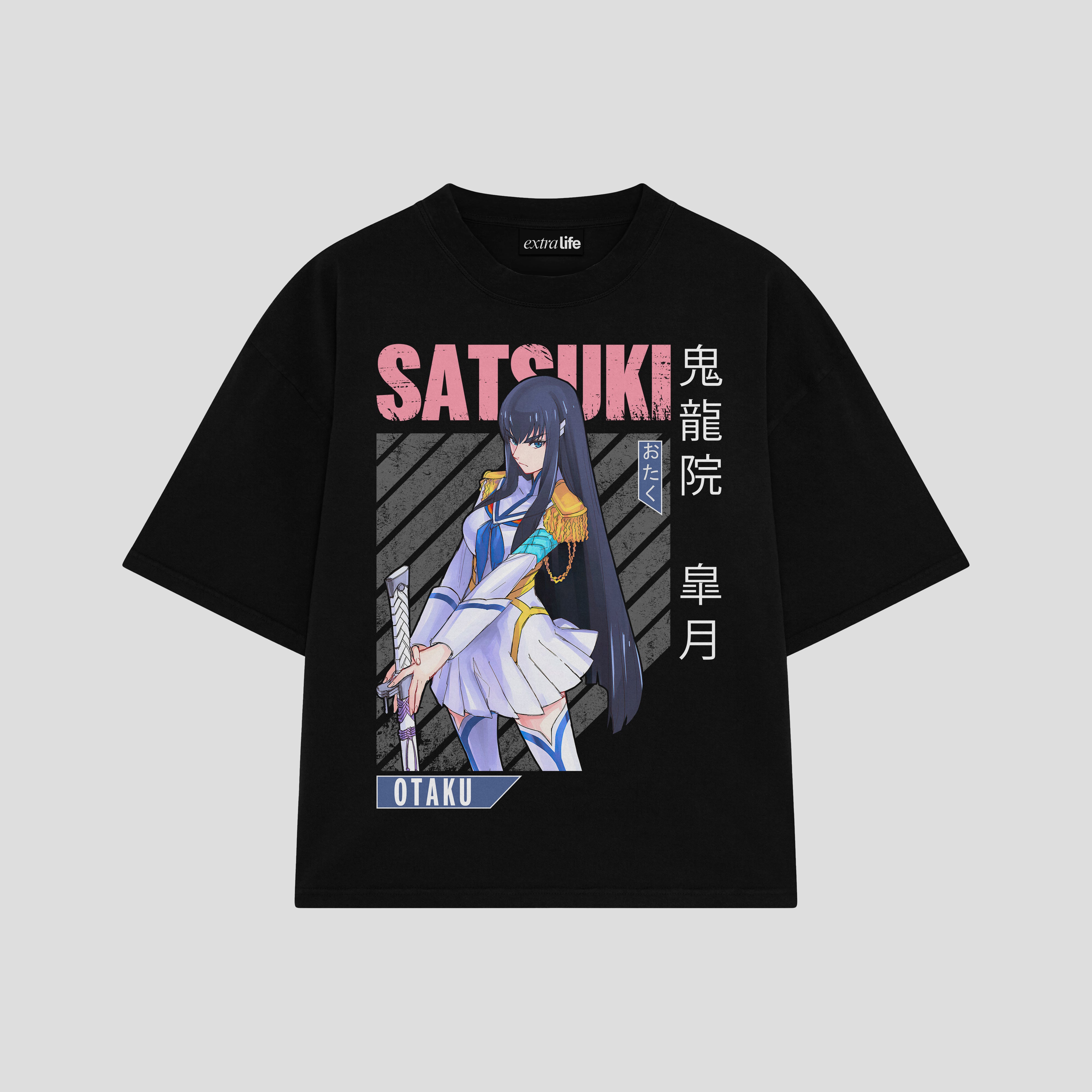 Playera streetwear premium de anime y gaming ExtraLife MX, corte boxy oversized drop shoulder heavyweight en color Deep Black y Off-White, moda urbana mexicana de culto.