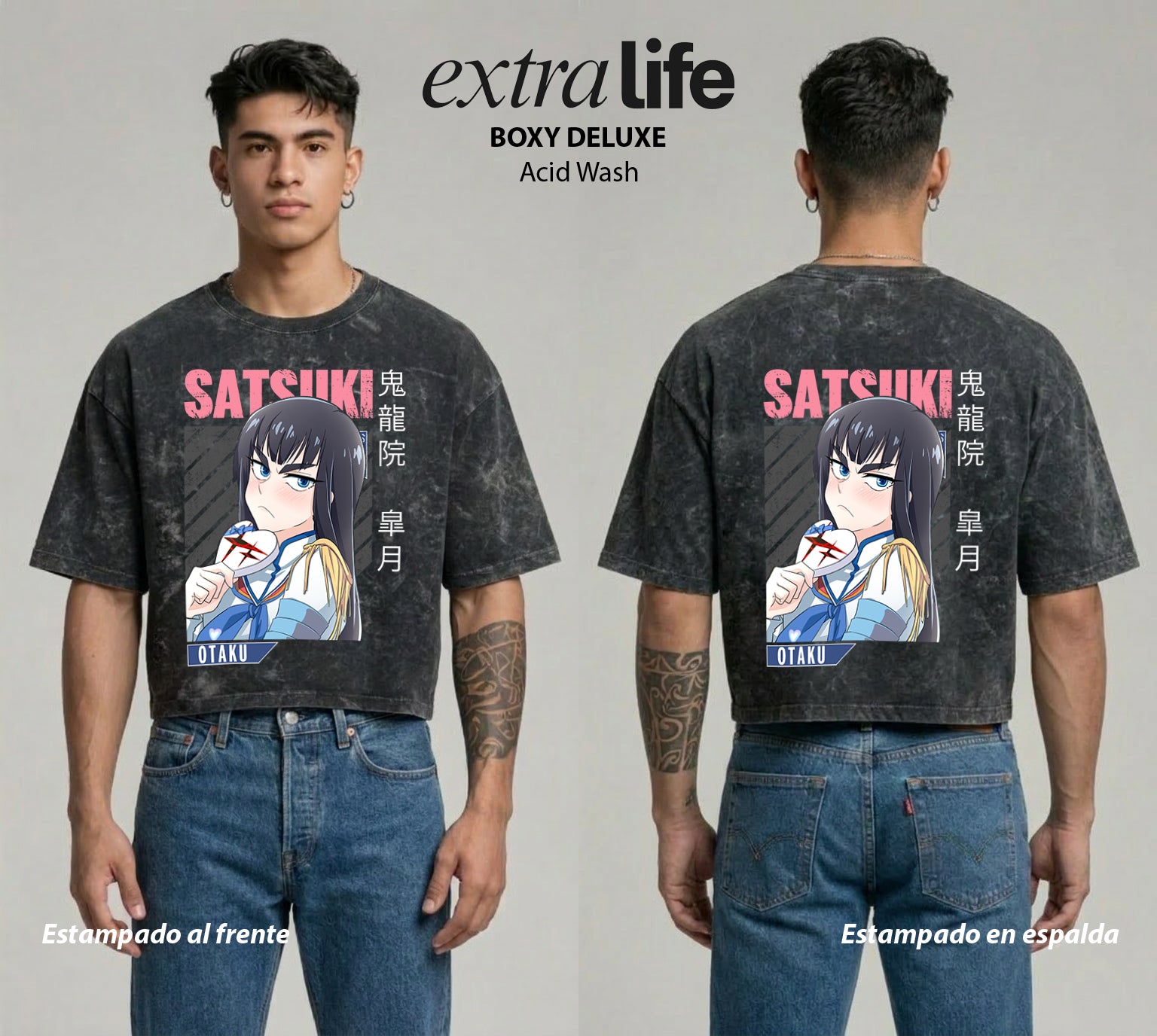 Playera streetwear premium de anime y gaming ExtraLife MX, corte boxy deluxe mineral wash heavyweight en color Acid Wash, moda urbana mexicana de culto.