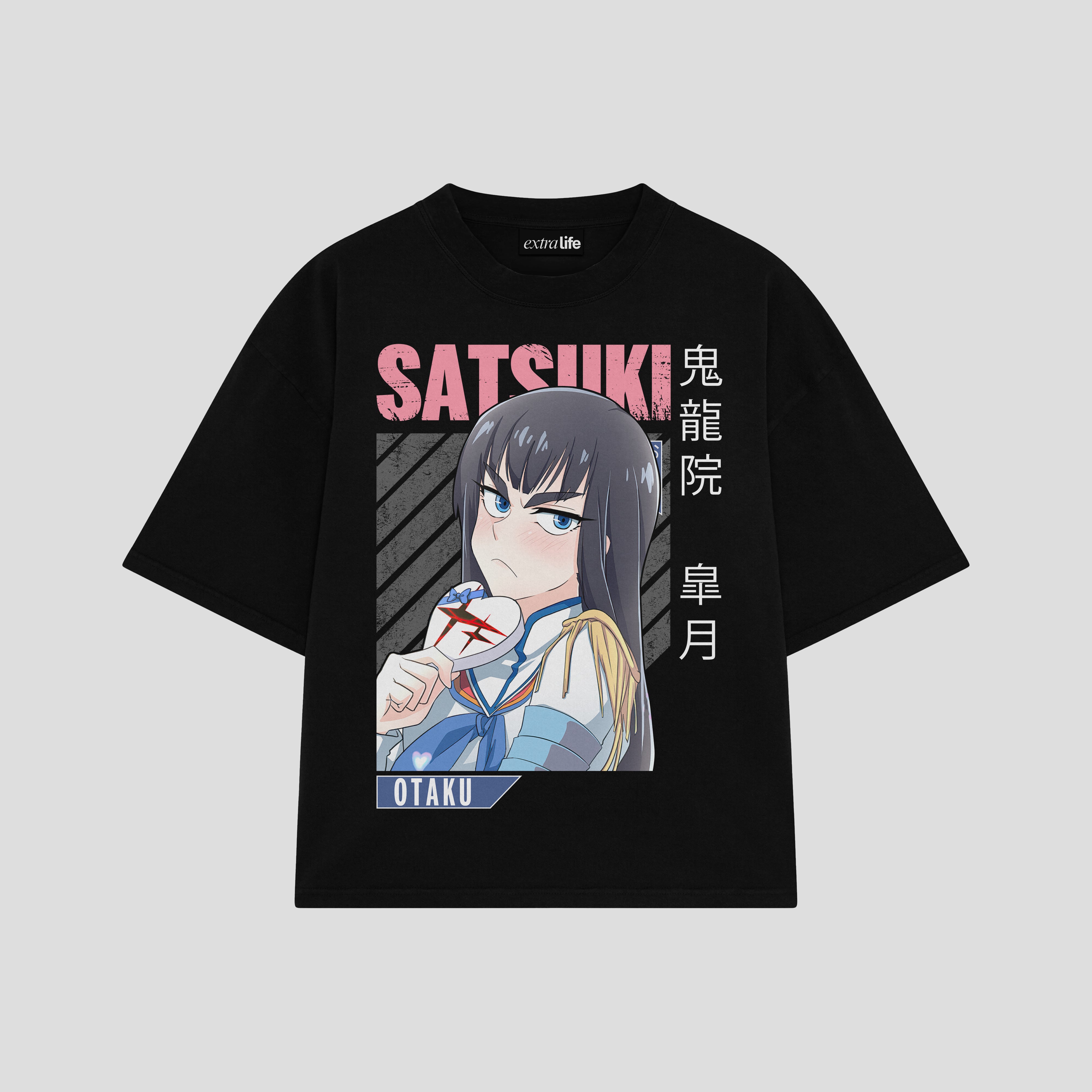 Playera streetwear premium de anime y gaming ExtraLife MX, corte boxy oversized drop shoulder heavyweight en color Deep Black y Off-White, moda urbana mexicana de culto.