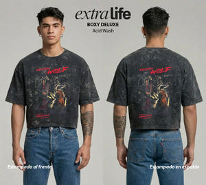 Playera streetwear premium de anime y gaming ExtraLife MX, corte boxy deluxe mineral wash heavyweight en color Acid Wash, moda urbana mexicana de culto.