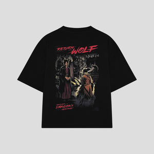 Playera streetwear premium de anime y gaming ExtraLife MX, corte boxy oversized drop shoulder heavyweight en color Deep Black y Off-White, moda urbana mexicana de culto.