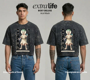 Playera streetwear premium de anime y gaming ExtraLife MX, corte boxy deluxe mineral wash heavyweight en color Acid Wash, moda urbana mexicana de culto.