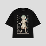 Playera streetwear premium de anime y gaming ExtraLife MX, corte boxy oversized drop shoulder heavyweight en color Deep Black y Off-White, moda urbana mexicana de culto.