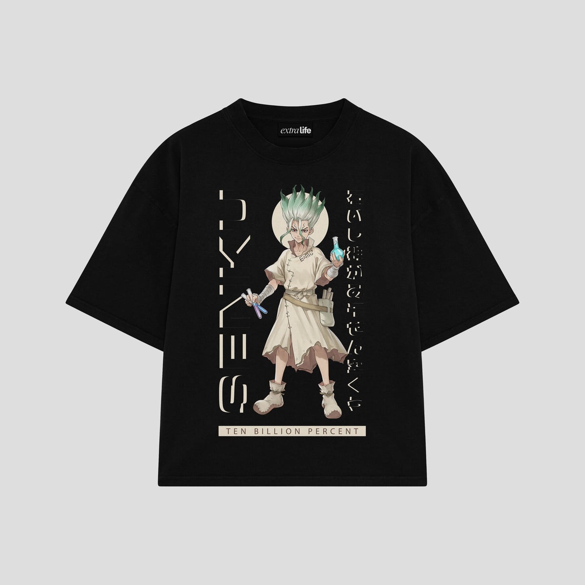 Playera streetwear premium de anime y gaming ExtraLife MX, corte oversized drop shoulder ligero y fresco en color Deep Black y Off-White, moda urbana mexicana de culto.