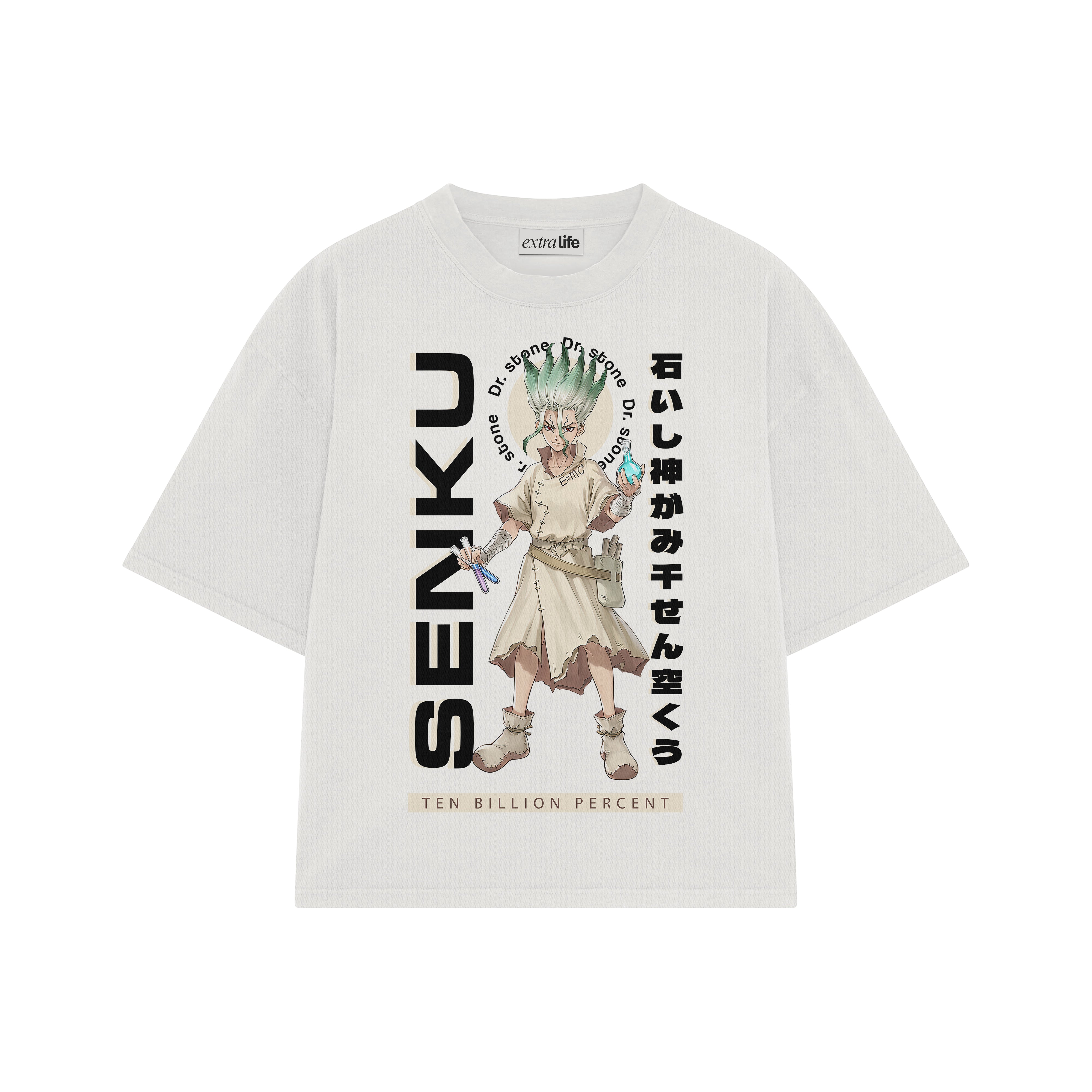 Playera streetwear premium de anime y gaming ExtraLife MX, corte boxy oversized drop shoulder heavyweight en color Deep Black y Off-White, moda urbana mexicana de culto.