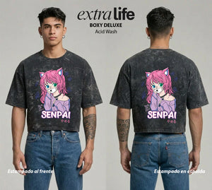 Playera streetwear premium de anime y gaming ExtraLife MX, corte boxy deluxe mineral wash heavyweight en color Acid Wash, moda urbana mexicana de culto.