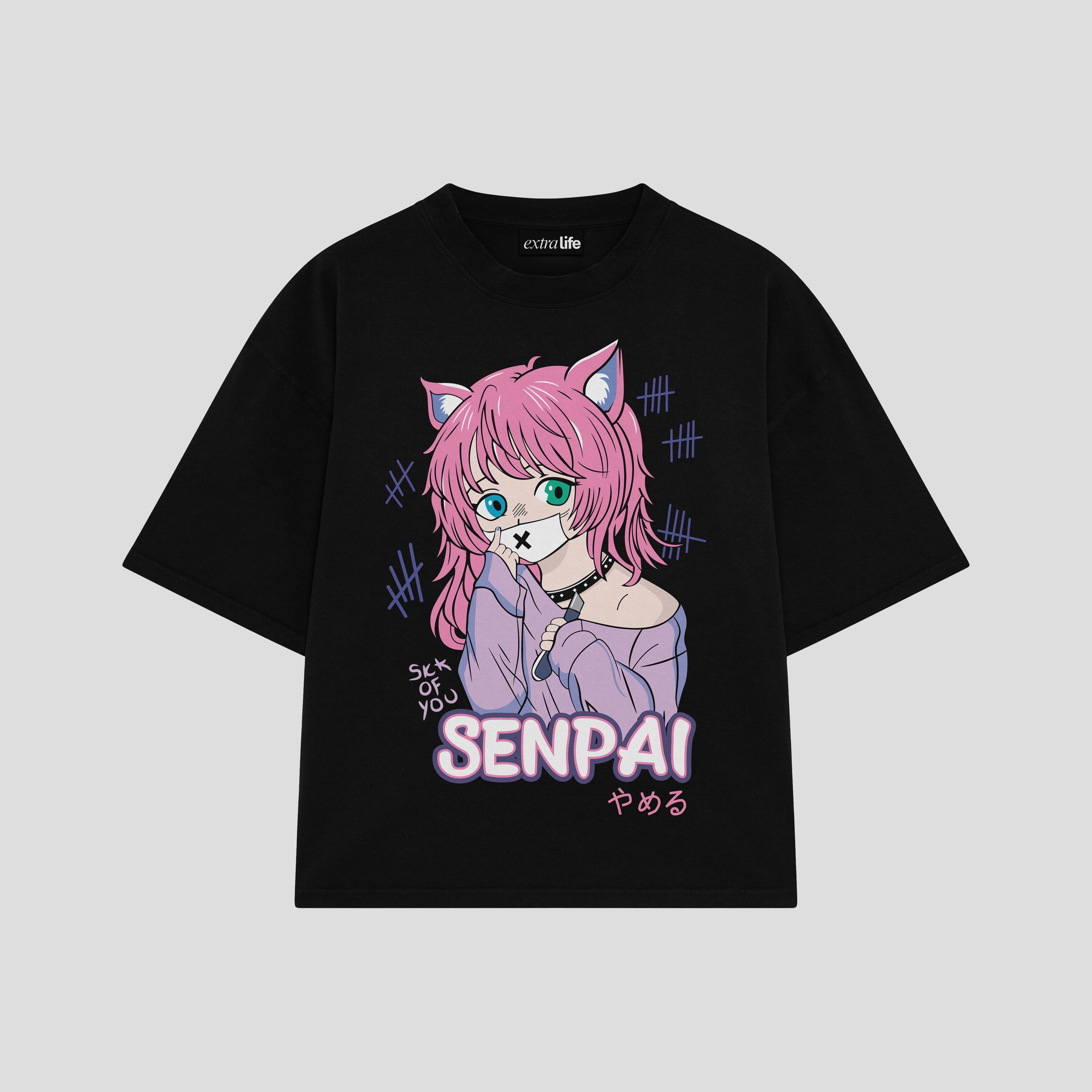 Playera streetwear premium de anime y gaming ExtraLife MX, corte boxy oversized drop shoulder heavyweight en color Deep Black y Off-White, moda urbana mexicana de culto.