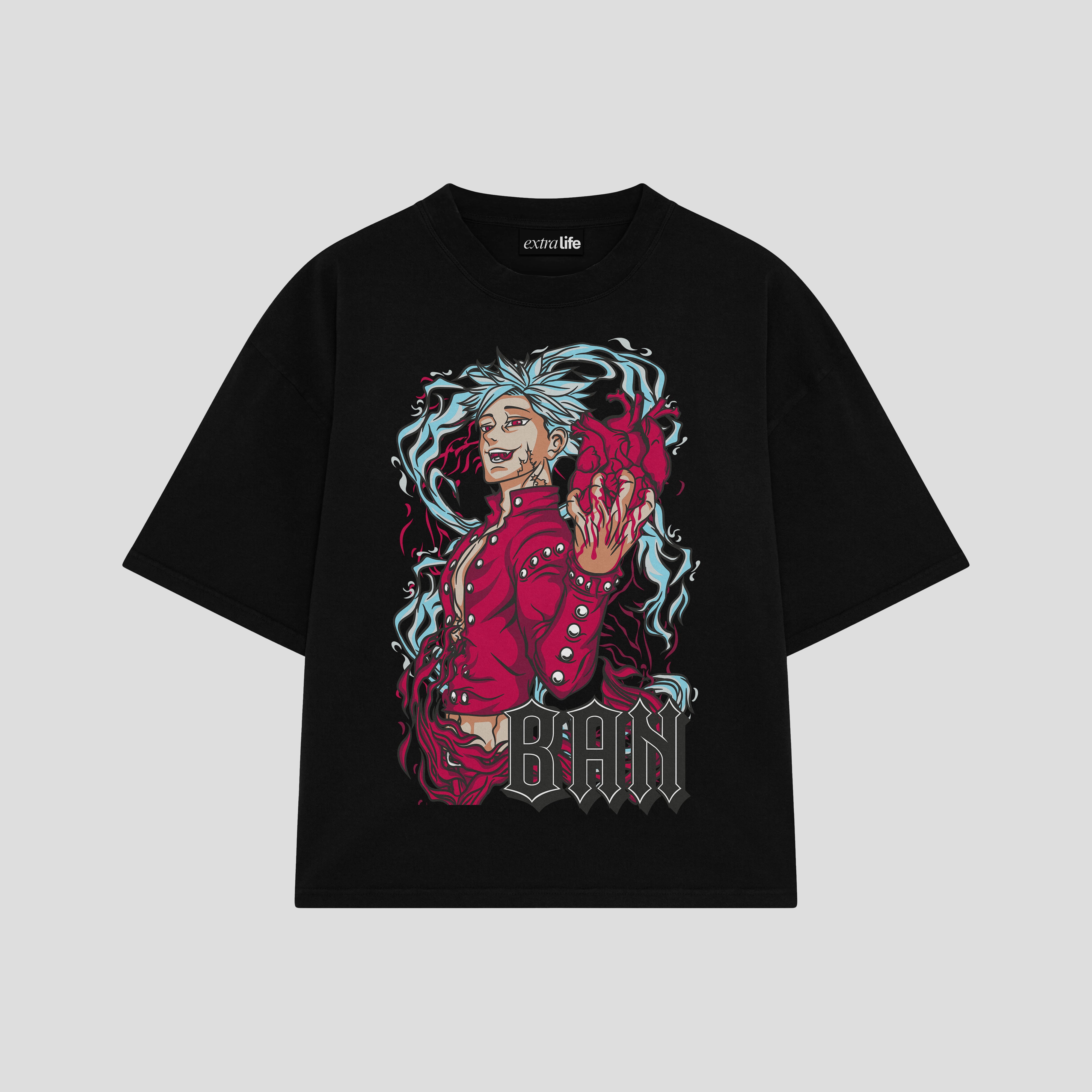 Playera streetwear premium de anime y gaming ExtraLife MX, corte boxy oversized drop shoulder heavyweight en color Deep Black y Off-White, moda urbana mexicana de culto.