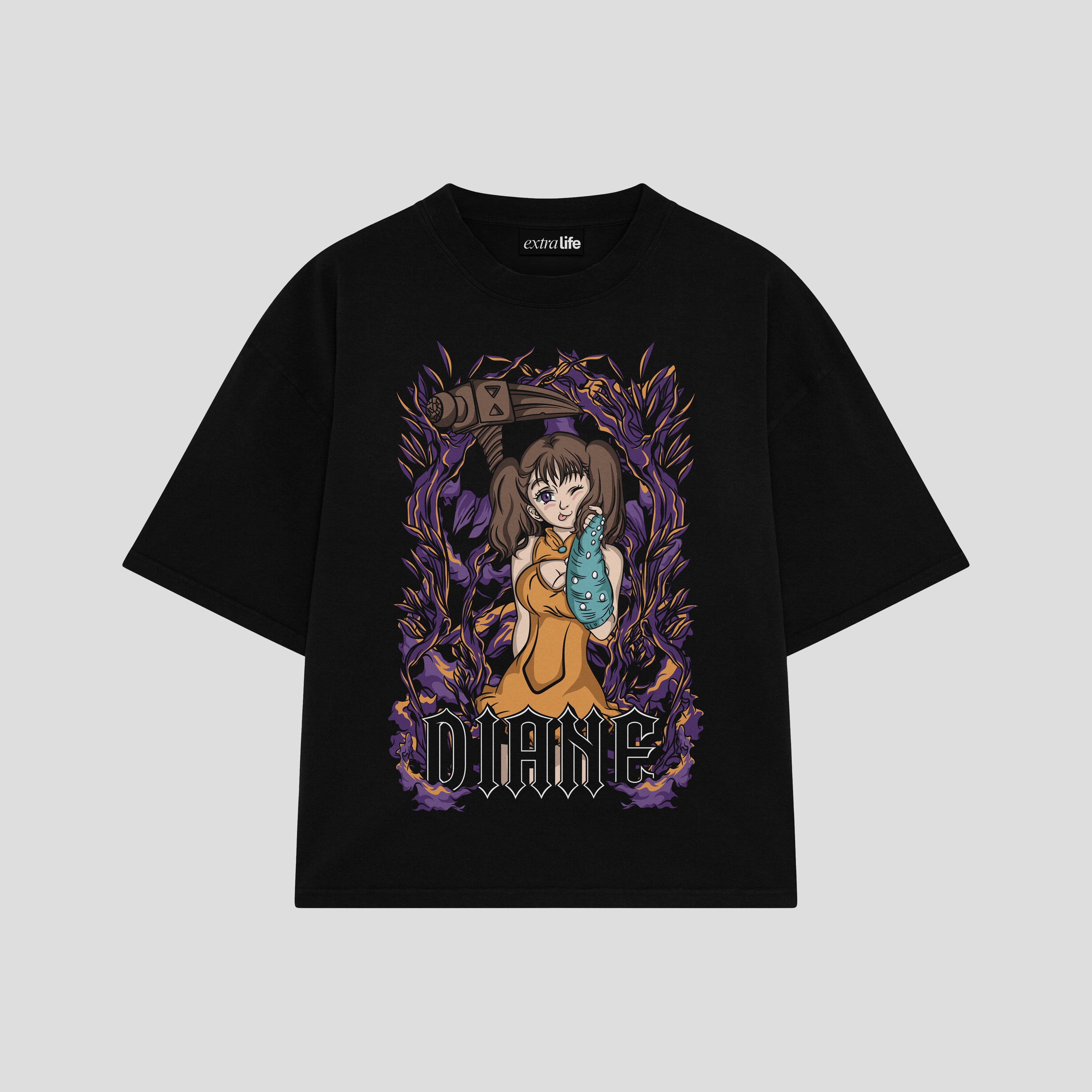 Playera streetwear premium de anime y gaming ExtraLife MX, corte boxy oversized drop shoulder heavyweight en color Deep Black y Off-White, moda urbana mexicana de culto.