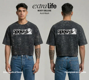 Playera streetwear premium de anime y gaming ExtraLife MX, corte boxy deluxe mineral wash heavyweight en color Acid Wash, moda urbana mexicana de culto.
