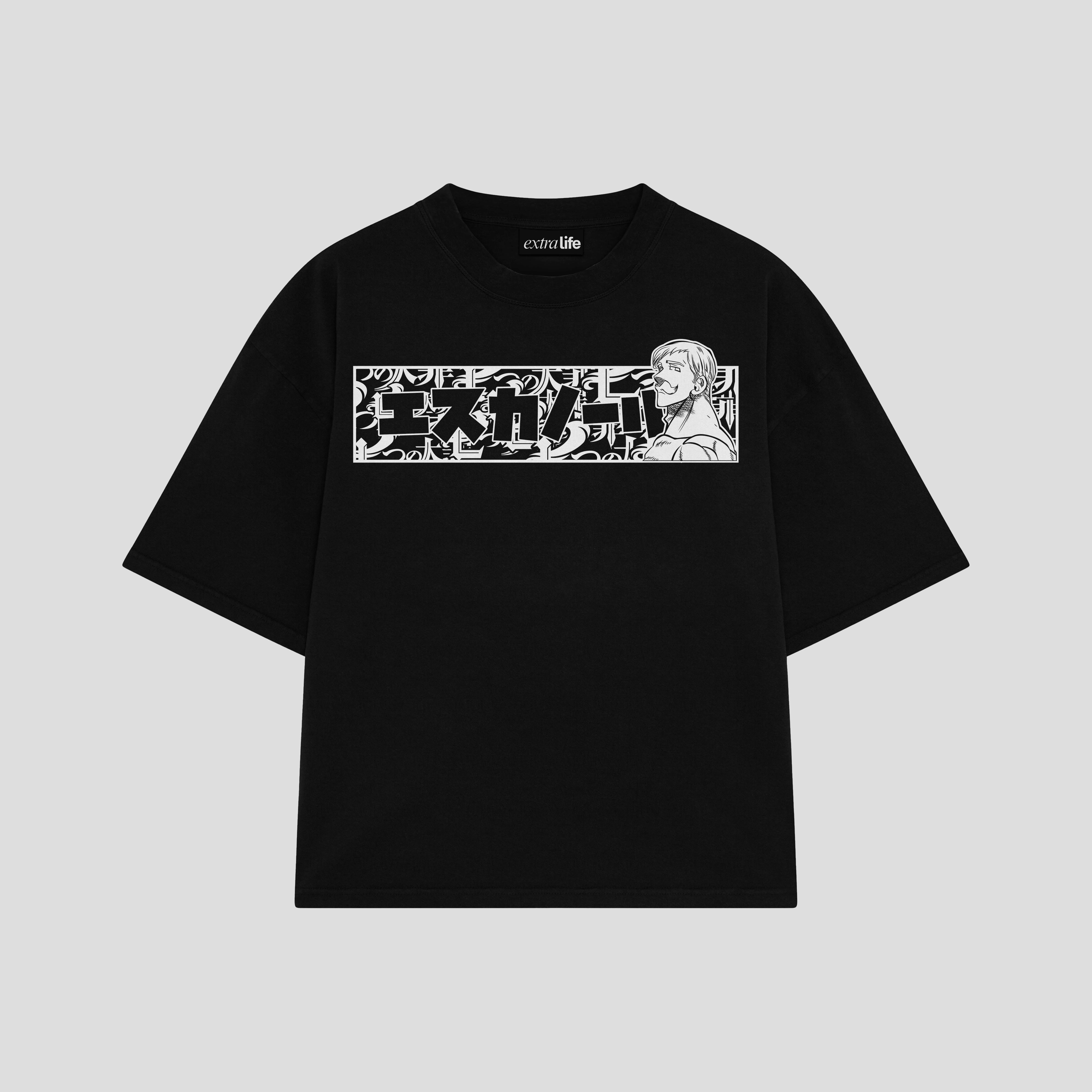 Playera streetwear premium de anime y gaming ExtraLife MX, corte boxy oversized drop shoulder heavyweight en color Deep Black y Off-White, moda urbana mexicana de culto.
