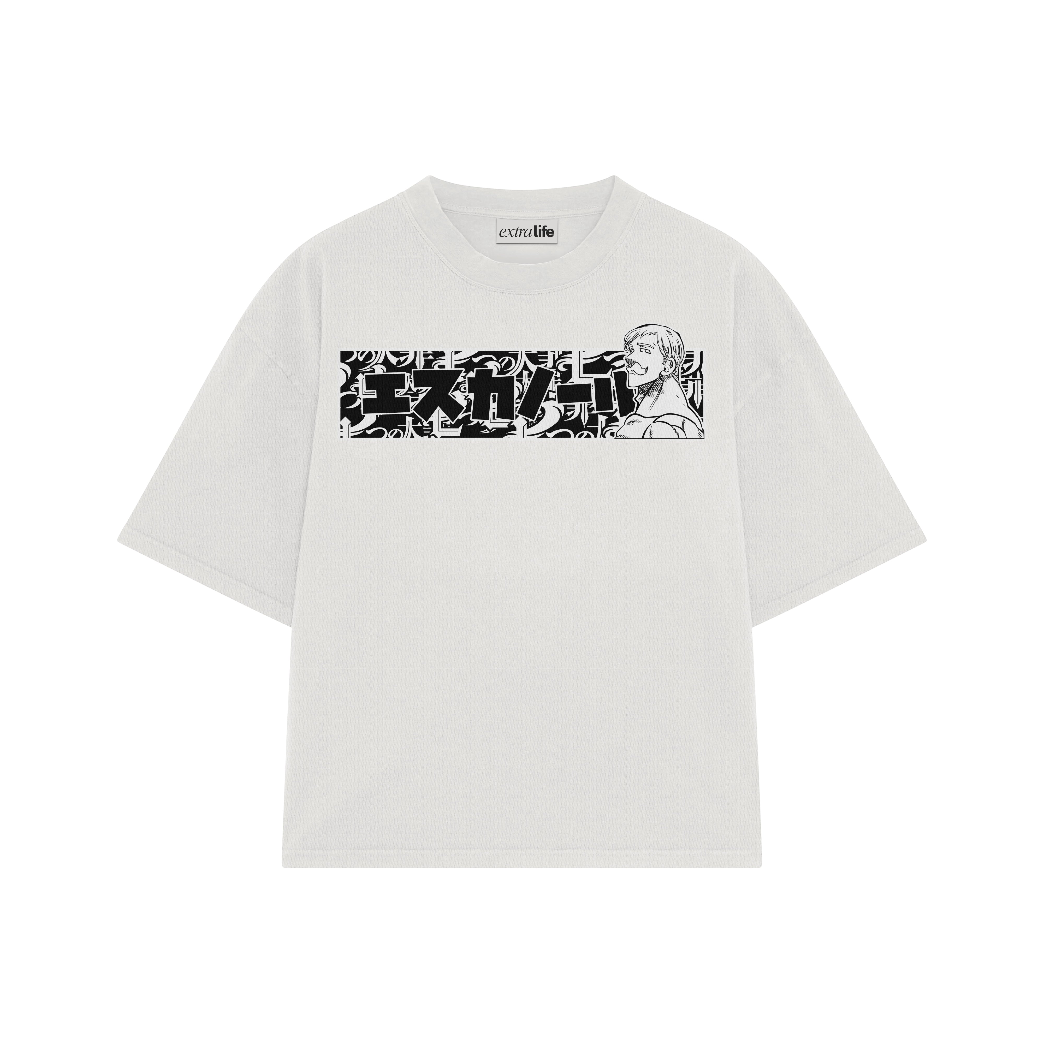 Playera streetwear premium de anime y gaming ExtraLife MX, corte boxy oversized drop shoulder heavyweight en color Deep Black y Off-White, moda urbana mexicana de culto.