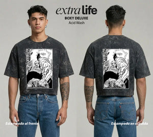 Playera streetwear premium de anime y gaming ExtraLife MX, corte boxy deluxe mineral wash heavyweight en color Acid Wash, moda urbana mexicana de culto.