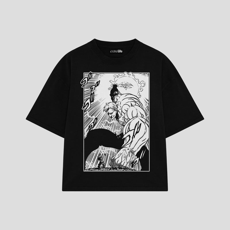 Playera streetwear premium de anime y gaming ExtraLife MX, corte boxy oversized drop shoulder heavyweight en color Deep Black y Off-White, moda urbana mexicana de culto.