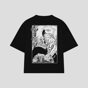 Playera streetwear premium de anime y gaming ExtraLife MX, corte boxy oversized drop shoulder heavyweight en color Deep Black y Off-White, moda urbana mexicana de culto.