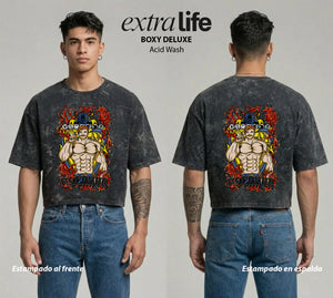 Playera streetwear premium de anime y gaming ExtraLife MX, corte boxy deluxe mineral wash heavyweight en color Acid Wash, moda urbana mexicana de culto.