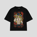 Playera streetwear premium de anime y gaming ExtraLife MX, corte boxy oversized drop shoulder heavyweight en color Deep Black y Off-White, moda urbana mexicana de culto.