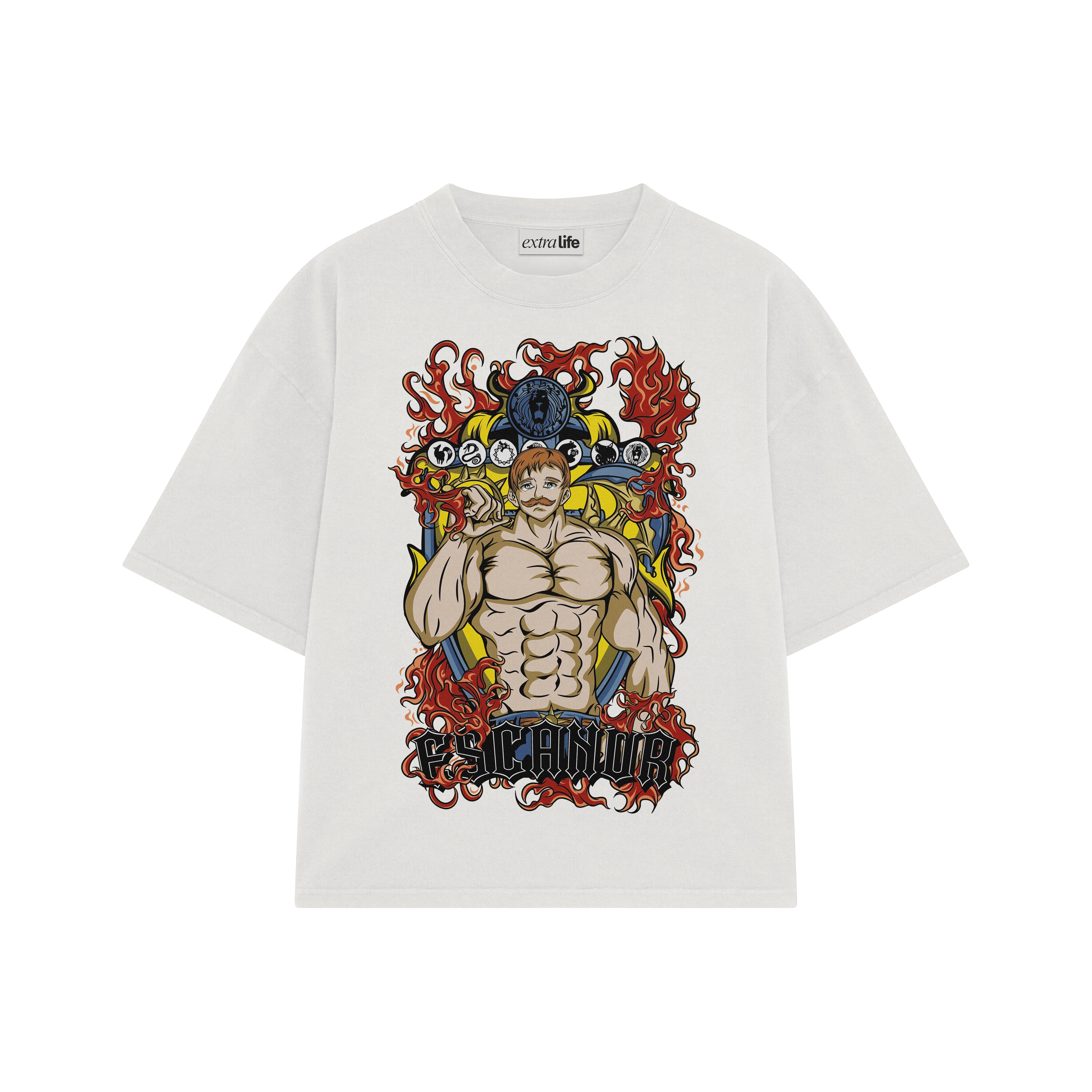 Playera streetwear premium de anime y gaming ExtraLife MX, corte boxy oversized drop shoulder heavyweight en color Deep Black y Off-White, moda urbana mexicana de culto.