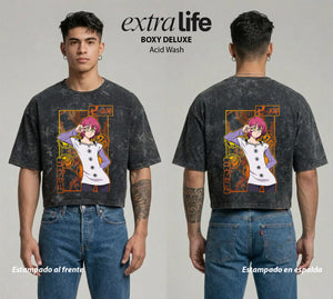 Playera streetwear premium de anime y gaming ExtraLife MX, corte boxy deluxe mineral wash heavyweight en color Acid Wash, moda urbana mexicana de culto.