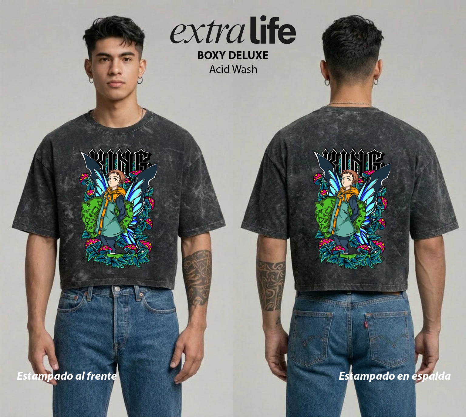 Playera streetwear premium de anime y gaming ExtraLife MX, corte boxy deluxe mineral wash heavyweight en color Acid Wash, moda urbana mexicana de culto.